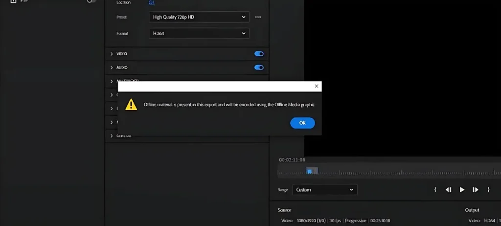 خطای Offline matenal is present in this export and will be rocoded using the Offline Media graphe در پریمیر 2 IMG 20240701 182316 825